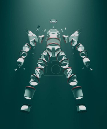 3D rendering of a disassembled astronaut or diver suit floating in space. This image showcases the futuristic concept of space exploration and deep-sea diving