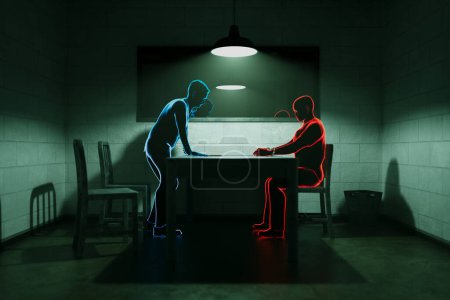Photo for Police interrogation room captured from a side angle. Silhouettes of a  police officer and a suspect, emphasizing the intensity and complexity of their interaction within the confines of the room - Royalty Free Image