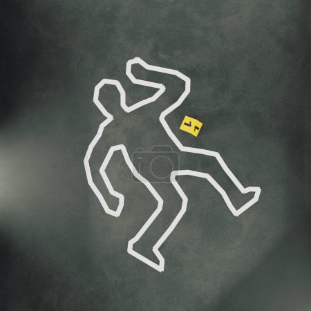 Photo for A 3D rendering of a crime scene with a body outline and traces of blood. A hand hammer marked as a crucial piece of evidence. Illustration of a forensic investigation - Royalty Free Image
