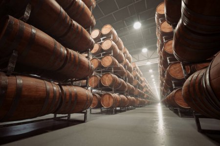 Foto de Representación en 3D de una bodega llena de barricas de roble de madera utilizadas para el envejecimiento del alcohol, el vino y el whisky. Filas de barricas de roble crean un ambiente rústico y tradicional - Imagen libre de derechos