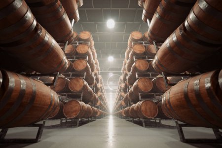 Representación en 3D de una bodega llena de barricas de roble de madera utilizadas para el envejecimiento del alcohol, el vino y el whisky. Filas de barricas de roble crean un ambiente rústico y tradicional