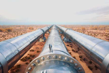 Téléchargez les photos : Un pipeline traverse la prairie. Les tubes métalliques transportent du pétrole ou du gaz sur de longues distances. Les tuyaux en acier lourd fournissent du carburant dans l'environnement naturel. Concept industriel ou pétrochimique. - en image libre de droit