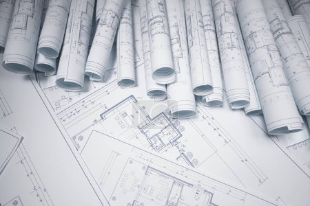 Photo for Building blueprints. From floor plans to construction plans. An image captures the essence of building projects and the creativity involved in architectural design. Architectural design and precision. - Royalty Free Image