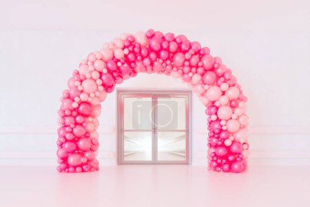 Téléchargez les photos : Belle arche de ballon faite avec différentes nuances de ballons roses et blancs. Ornement festif décorant la porte du bâtiment. Sol rose et murs de la maison, du bureau ou de l'hôpital. Fête. Douche bébé. Nouveau-né - en image libre de droit