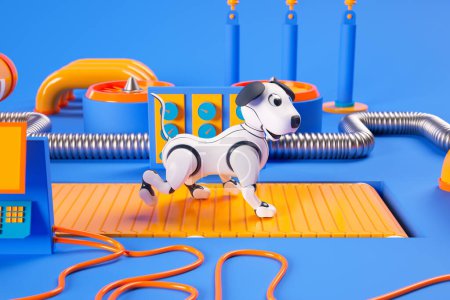 Foto de Adorable e inteligente perro robot de juguete que se prueba juguetonamente en una cinta de correr mecánica dentro de la vibrante configuración naranja-azul de una fábrica moderna. Lindo perrito AI. - Imagen libre de derechos
