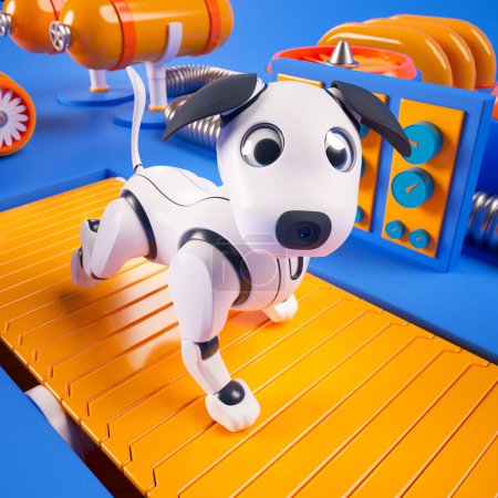 Photo for Adorable and intelligent robotic toy dog being playfully tested on a mechanical treadmill within the vibrant orange-blue setting of a modern factory. Cute little AI puppy. - Royalty Free Image