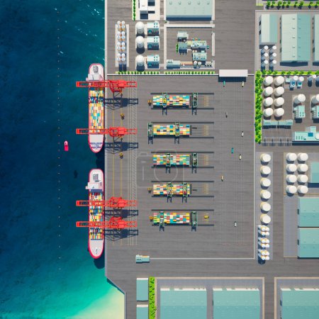 Foto de Vista aérea del puerto con una terminal marítima durante un día. Logística y transporte del buque de carga de contenedores. Grúas puente de trabajo en el astillero. Importación industria de exportación antecedentes - Imagen libre de derechos