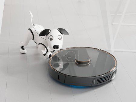 Téléchargez les photos : Un aspirateur automatique réveille un chien endormi par terre et le chien robot commence à jouer avec. Amusement et innovation d'avoir un robot animal domestique et un robot nettoyeur dans le même ménage. - en image libre de droit