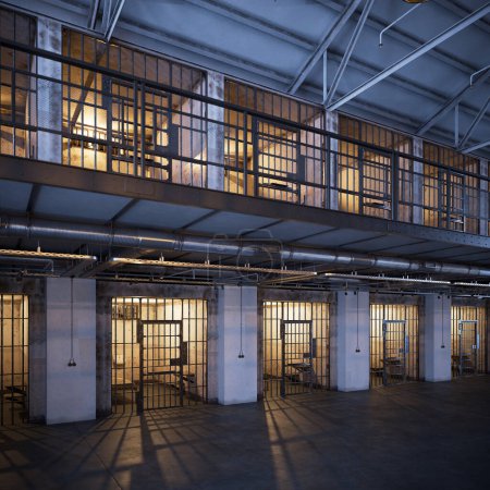 A prison hallway showcasing two floors and rows of cells. Hallway of the modern loft jail. A block with a zone of single person cells, dedicated to the dangerous criminals. Life behind prison bars