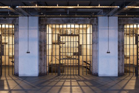 Foto de Un pasillo de la prisión mostrando filas de celdas. Pasillo de la moderna cárcel loft. Un bloque con una zona de celdas de una sola persona, dedicado a los criminales peligrosos. La dura realidad de la vida tras las rejas - Imagen libre de derechos