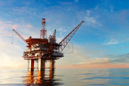 Téléchargez les photos : Une photo de la plate-forme pétrolière offshore. plate-forme pétrolière sur la mer pendant la journée. Forage industriel de gaz naturel et de pétrole. Exploration des ressources naturelles utilisées pour produire de l'énergie et de l'énergie. Combustibles fossiles - en image libre de droit