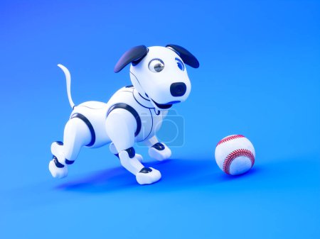 Foto de Representación de dibujos animados con cachorro robot alegre. Un perrito está corriendo persiguiendo una bola rodante. Primer plano de linda mascota pequeña. La versión digitalizada del mejor amigo humano. Rendimiento CGI colorido - Imagen libre de derechos
