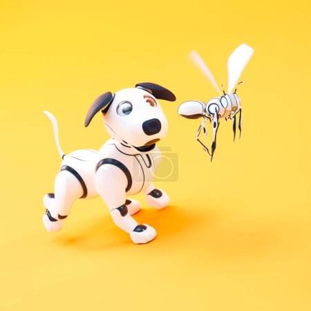 Photo for Cartoon rendering with cheerful robot puppy.  A little dog is running chasing robot bee.  Close up of cute small pet. The digitalized version of the human best friend. Colorful CGI render - Royalty Free Image