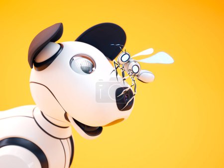 Foto de Representación de dibujos animados con cachorro robot alegre. Un perrito está corriendo persiguiendo abejas robot. Primer plano de linda mascota pequeña. La versión digitalizada del mejor amigo humano. Rendimiento CGI colorido - Imagen libre de derechos