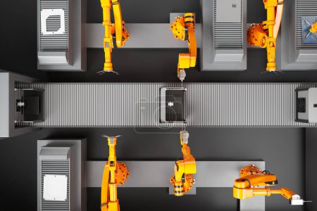 High-Tech-Roboter, die in einer modernen Fabrik einen hochmodernen 3D-Drucker zusammenbauen. Orangefarbene Roboterarme sind so programmiert, dass sie Teile von Druckern auswählen und platzieren. Technologie, Feinmechanik und Automatisierung