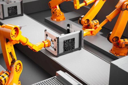 High-Tech-Roboter, die in einer modernen Fabrik einen hochmodernen 3D-Drucker zusammenbauen. Orangefarbene Roboterarme sind so programmiert, dass sie Teile von Druckern auswählen und platzieren. Technologie, Feinmechanik und Automatisierung