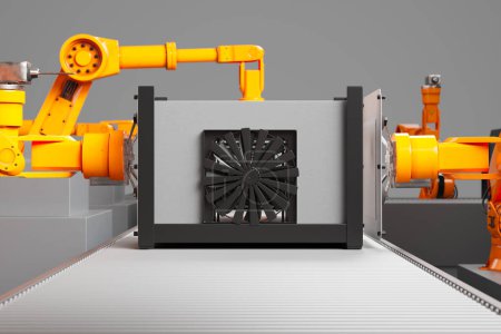 Téléchargez les photos : Robots de haute technologie assemblant une imprimante 3D de pointe dans une usine moderne. Les bras robotiques orange sont programmés pour sélectionner et placer des pièces d'imprimantes. Technologie, ingénierie de précision et automatisation - en image libre de droit