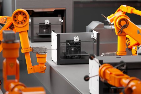 High-tech robots assembling a cutting-edge 3D printer in a modern factory. Orange robotic arms are programmed to pick and place parts of printers. Technology, precision engineering, and automation
