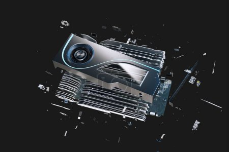 Photo for Explosion-view of a graphic card. Dissasembled video card to small pieces. Floating and spinning in space elements of GPU (graphics processing unit). Technology, engineering, gaming, electronics - Royalty Free Image