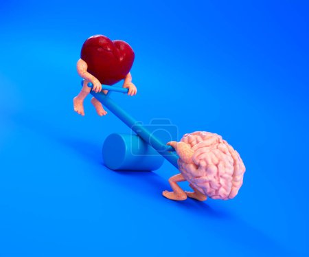 Cartoon animation with brain and heart characters swinging on the balance swing. Romance and love concept. Anatomy of emotions. Cheerful scene. Abstract idea of love and intelligence collaboration.