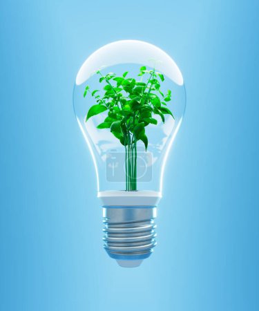 Téléchargez les photos : Plante verte poussant dans l'ampoule au fond bleu. Concept de réchauffement climatique environnemental. Sauver la terre. L'écologie. Ampoule avec la plante à l'intérieur. Aider l'environnement. Économiser l'électricité - en image libre de droit