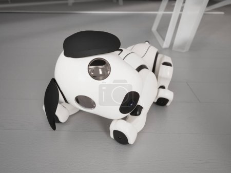 Foto de Esta imagen captura a un perro robótico de última generación con un elegante acabado blanco, equilibrado con elegancia en un moderno testamento de suelo gris que demuestra el dominio de la IA y la robótica de vanguardia - Imagen libre de derechos