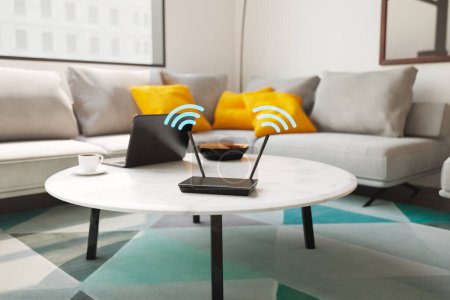 Téléchargez les photos : Routeur noir brillant debout sur la table dans l'appartement. Un dispositif électronique fonctionne, transmettant le signal de ses antennes. Connexion Internet dans la maison. Wi-Fi. Réseau local sans fil - en image libre de droit
