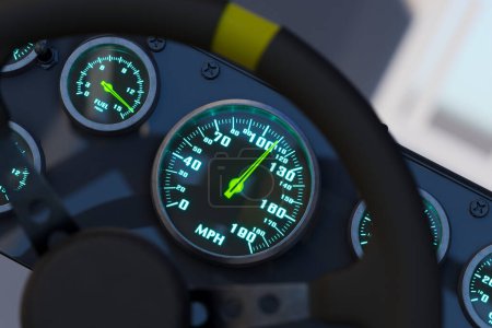 Photo for Close up of the race car black dashboard with analog gauge. Moving speedometer pointer showing vehicle speed over 100 mph. Sport, power, fast, automotive, panel concept. fuel and temperature gauge - Royalty Free Image