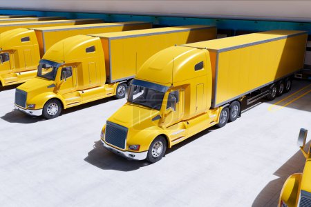 Photo for Yellow trucks with semi-trailers standing in a row in front of a warehouse. Heavy load cargo transport from business commercial sites. The efficient and seamless transportation and logistics industry - Royalty Free Image