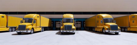 Foto de Camiones amarillos con semirremolques en fila frente a un almacén. Transporte de carga pesada desde sitios comerciales de negocios. El transporte eficiente y sin fisuras y la industria logística - Imagen libre de derechos