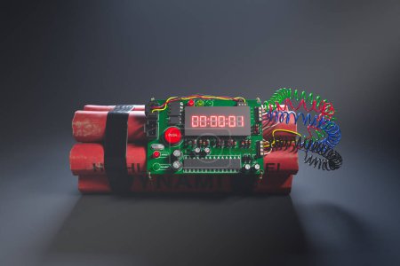 A 3D rendering image of a bomb made of TNT sticks with an electronic countdown timer showing one second left until the explosion. Colorful cables are connected to the bomb. Terrorism and danger.
