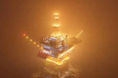Foto de Gran plataforma petrolera trabajando en un océano abierto durante una noche de niebla. Innumerables luces iluminan la niebla y crean un reflejo en las olas de agua. Símbolo de degradación y contaminación del medio ambiente natural. - Imagen libre de derechos