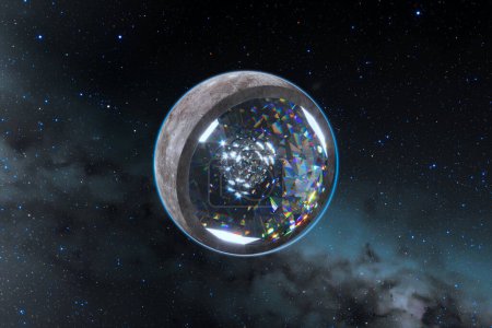A planet being cut in half, revealing a magnificent diamond inside. 55 Cancri e planet. The surreal world of cosmic gemstones, where science the beauty meet the unknown. BPM 37093. White dwarf star
