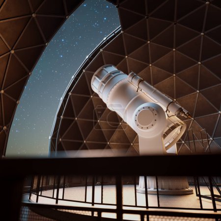 Foto de Un telescopio avanzado del observatorio astronómico, meticulosamente diseñado para el estudio del cosmos, domina el marco en el contexto de un cielo nocturno lleno de estrellas. - Imagen libre de derechos