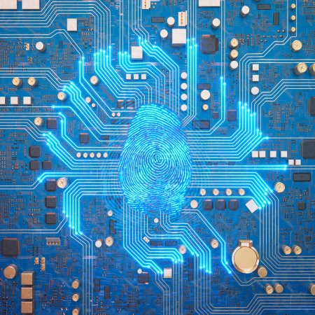 Photo for A blue digital fingerprint glowing on a glamorous personal computer circuit board. Close-up symbol of digital identity or IP address. Digital impulses spread through complex motherboard circuits. - Royalty Free Image