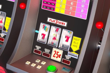 Ein Bild eines Casino-Retro-Spielautomaten während des Spiels. Nutzen Sie eine Chance und drehen Sie die Walzen, um den Jackpot zu gewinnen. Las Vegas bunte, neonfarbene Glücksspiel Thema. Gewinnen, Verlieren, Risiko, Glück