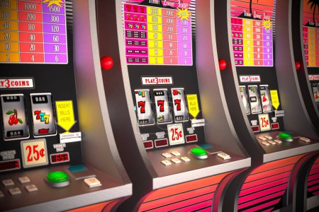 Ein Bild von einem Casino-Retro-Spielautomaten, der während des Spiels in einer Reihe steht. Ein glücklicher Spieler knackt den Jackpot mit einer Gewinnkombination aus drei Siebenern. Ein großer Gewinn. Risiko, Glück, Unterhaltung.