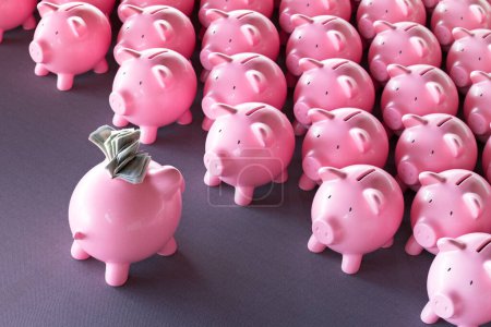 Photo for A piggy bank confidently standing in front of other piggy banks, with a substantial stack of money. Concept of power, wealth, and financial success. The visual metaphor for financial themes and ideas - Royalty Free Image