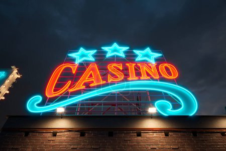 Téléchargez les photos : Panneau de casino à l'ancienne sur le toit qui brille la nuit. Bannière lumineuse bleu néon et orange. Peut représenter Las Vegas, dépendance, jeu, poker, divertissement, jeu, amusement, loisirs - en image libre de droit