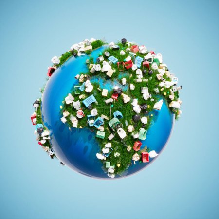 Foto de Una vista del globo terrestre con todo tipo de basura aparece en la tierra cubierta de hierba verde. Plástico, vidrio y metal se materializan en la superficie del planeta. Símbolo de contaminación ambiental - Imagen libre de derechos