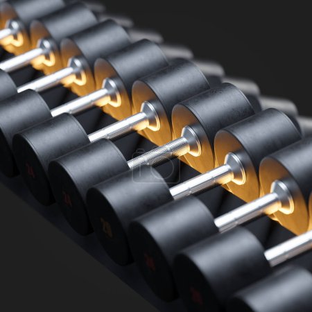Photo for The impressive row of gym dumbbells lined up on a sturdy rack. These top-of-the-line fitness tools are essential for any serious workout. Various weights to accommodate different fitness levels - Royalty Free Image