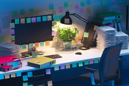 Photo for A busy evening in the home office. Piles of documents, post-it notes, binders. Concept of overwork. A vivid picture of a disordered and untidy work environment. Disorganization. An employee is absent - Royalty Free Image