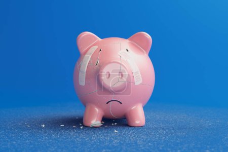 Photo for A piggy bank in a state of distress, with a band-aid carefully applied to it, tears streaming down its face. Smashed deposit. No savings inside. Symbolizing bankruptcy and economic crash. Poverty - Royalty Free Image