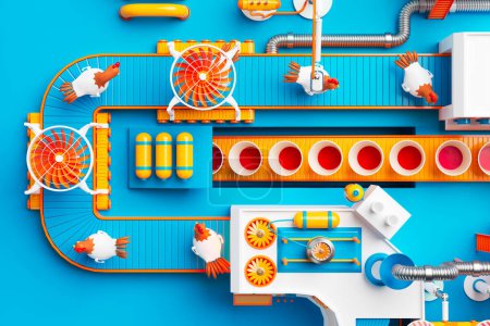 Photo for Cartoon factory with machines preparing chickens for the process of creating fast food meals. The machines are connected by conveyor belts, showcasing the stages of creating a fried chicken meal. - Royalty Free Image