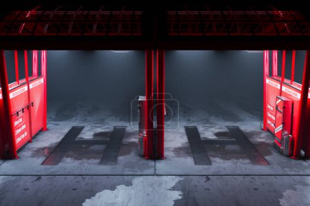 Un rendu 3D d'une station de lavage de voiture libre-service vide avec des éléments rouges. Cette installation moderne de lavage de voiture est équipée d'outils en libre-service et dispose d'un environnement propre et bien entretenu