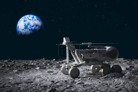 Foto de Un rover planetario que explora el escarpado terreno de la luna. Planeta Tierra en el fondo. Una vista del globo azul en el espacio. Misión científica en un globo de plata. Investigación cósmica. Paisaje lunar - Imagen libre de derechos