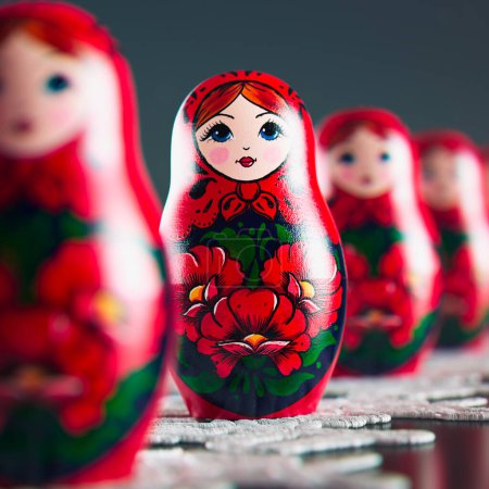 Foto de Hermosas muñecas hechas a mano matryoshka en una fila. Un número infinito de babushkas colocados uno tras otro. Conjunto de juguetes tradicionales rusos de madera. Recuerdos de arte pintados con adornos coloridos - Imagen libre de derechos
