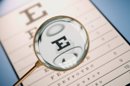 Photo for A blurry sight chart in the doctor's office is enhanced by a magnifying glass. The patient's point of view reveals lack of eye focus. Magnifying glass helping focus the sight so that the test is clear - Royalty Free Image