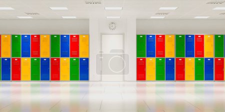 Photo for A vibrant picture of the school hallway, adorned with a captivating row of colorful lockers. Contemporary educational space, where knowledge and inspiration intertwine. Academic growth and success - Royalty Free Image