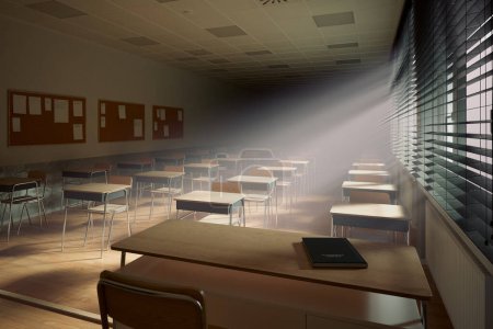 Photo for Rays of light falling to the empty dark classroom. Teaching class without students during a break. Abandoned school. Disturbing mood. The essence of abandonment and the fleeting nature of knowledge. - Royalty Free Image
